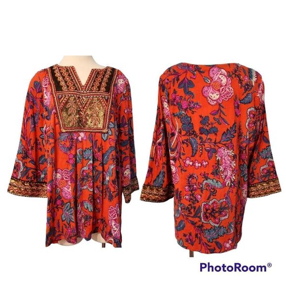 Soft Sorroundings Sequins Embroidered Floral Print Tunic Top 3/4 Sleeve Size 1x - Picture 10 of 13